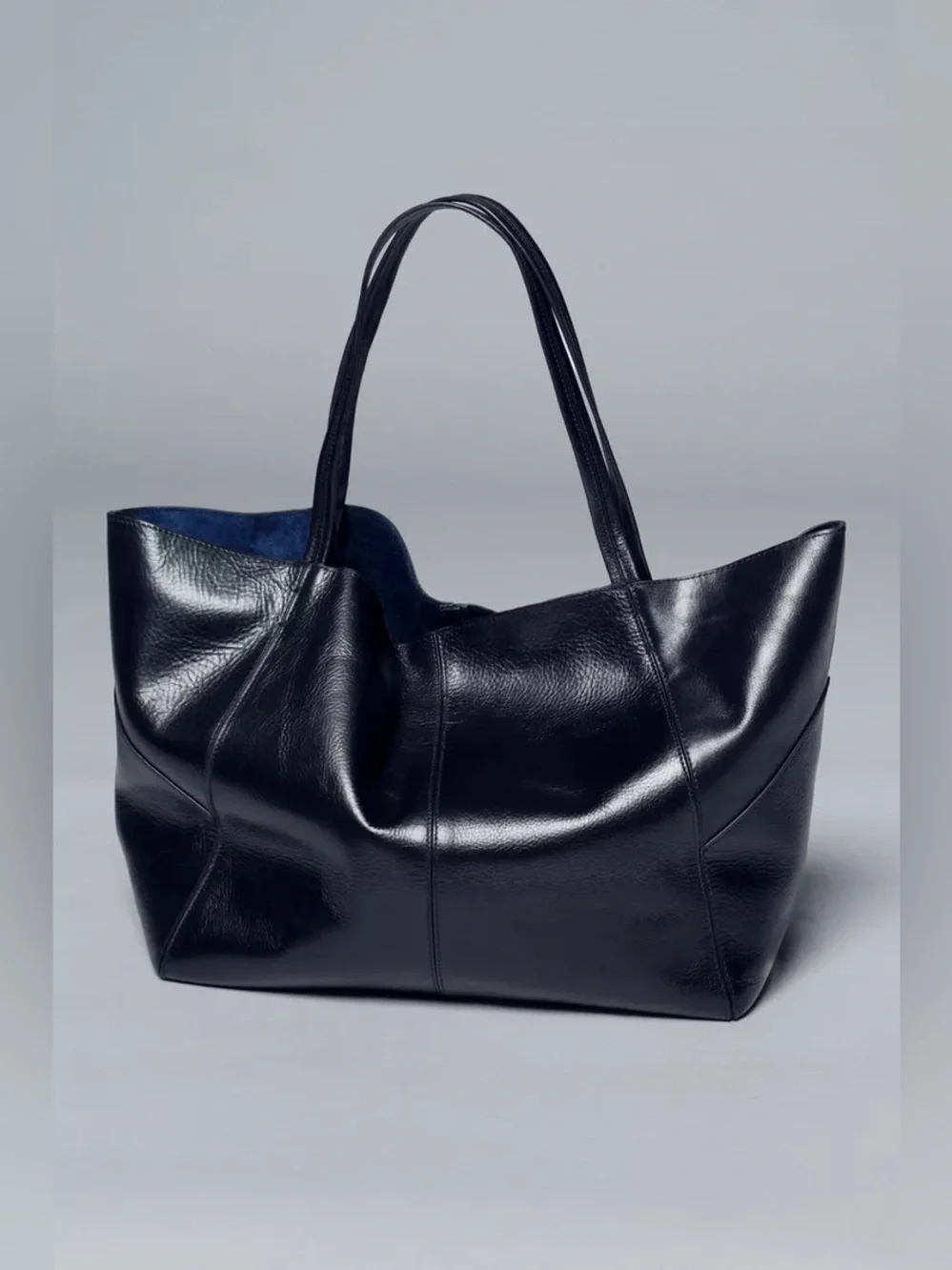 Maxi Genuine Leather Shopper Tote Bag in Navy